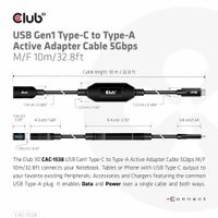 club3D USB-adapter USB 3.2 Gen1 (USB 3.0 / USB 3.1 Gen1) USB-C stekker, USB-A bus 10.00 m Zwart CAC-1538 - thumbnail