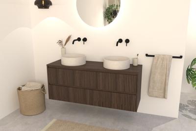 Donker Eiken Nila Badkamermeubel 140 cm - Ribbels met 4 Softclose Lades Donker Eiken Nila Badkamermeubel 140 cm - Ribbels met 4 Softclose Lades
