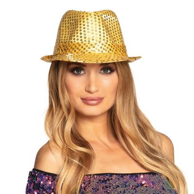 Boland Carnaval verkleed trilby hoedje - 4x stuks - pailletten - Goud - volwassenen - Glitter and Gl