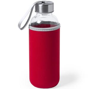 Waterfles/drinkfles Bidon - met softshell bescherm hoes - rood - glas - 420 ml - Sportfles