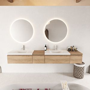 MONDIAZ BUKLA 240cm badmeubel met module 40 links kleur Washed Oak met 4 lades. Wastafel CLOUD dubbel 2 kraangaten kleur Talc.