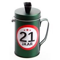 Spaarpot - 21 jaar geworden thema - verjaardag cadeau - Blik met sticker van 9 cm