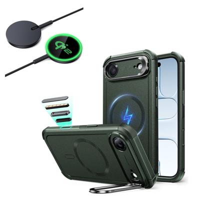 iPhone Air Bundle Cyber Tough Magnetic Case (Camera Control, Stash Stand) and Magnetic Charging Pad (Qi2) - Olive Green