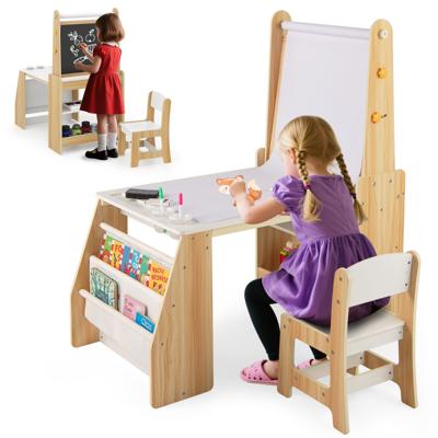 Kinderkunsttafel en Stoel-Set Multifunctionele Kindertafel met Ezel & Stoel Whiteboard & Krijtbord Natuur