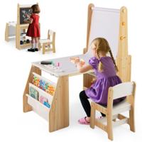 Kinderkunsttafel en Stoel-Set Multifunctionele Kindertafel met Ezel & Stoel Whiteboard & Krijtbord Natuur