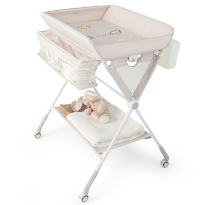 Mobiele Babyverschoontafel Opvouwbare Verschoontafel met 3 Verstelbare Hoogtes Bak Opbergmand Plank Vergrendelbare Wielen