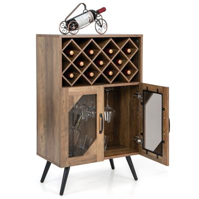 Vintage Wijnkast met Afneembaar Wijnrek en Geïntegreerde Glashouders Barkast Hout Sideboard voor 11 Flessen Wijn en 6-9 Wijnglazen