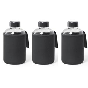 Glazen waterfles/drinkfles softshell bescherm hoes - 3x - zwart - 600 ml - Sportfles - Bidon