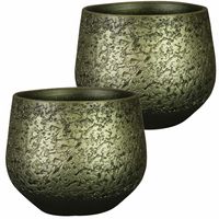 2x stuks plantenpot/bloempot keramiek metallic donkergroen/gold finish - D23/H20 cm