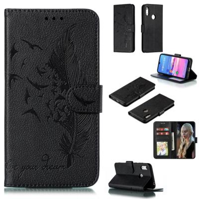 Feather patroon Litchi textuur horizontale Flip lederen draagtas met portemonnee & houder & kaartsleuven voor Huawei Y6 (2019)/Honor Play 8A (zwart)