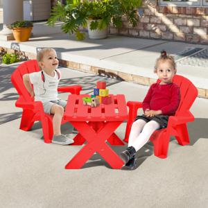 Plastic Kindertafel met 2 Adirondack Stoelen Speeltafel en Stoelen voor Peuters Weerbestendig Set Stapelstoelen voor Tuin Gazon Rood