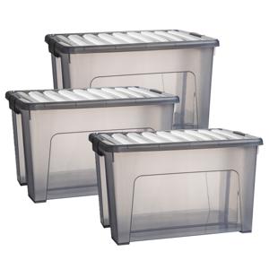 Opslagbox met deksel - 3x - transparant grijs - 47 liter - 54 x 38 x 32 cm - kunststof