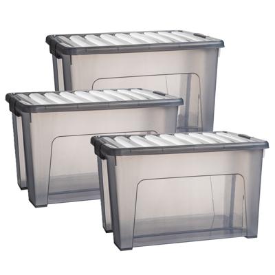 Opslagbox met deksel - 3x - transparant grijs - 47 liter - 54 x 38 x 32 cm - kunststof