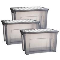 Opslagbox met deksel - 3x - transparant grijs - 47 liter - 54 x 38 x 32 cm - kunststof