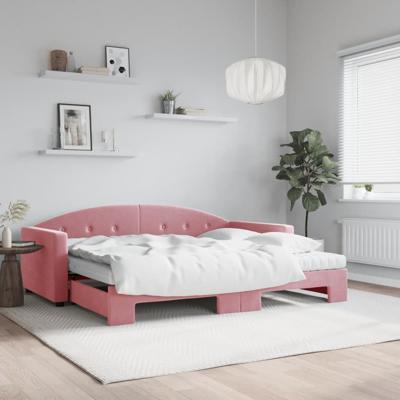 Slaapbank onderschuifbed en matrassen 90x200 cm fluweel roze