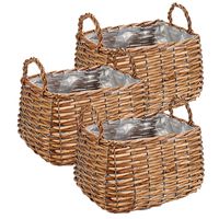 Set van 3x stuks plantenbak manden gevlochten riet met binnenmand 26 x 21 x 16 cm