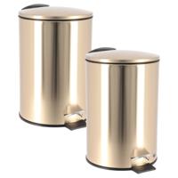 Prullenbak/vuilnisbak - 2x - 3L - goud - metaal - H24 cm - badkamer - soft close functie
