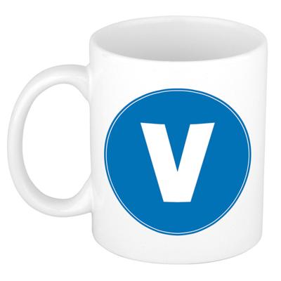 Koffie mok met de letter V - beker - blauw - eerste letter van een voornaam - wit - 300 ml