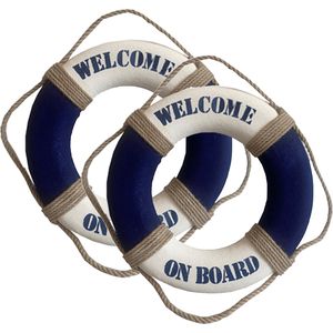 Reddingsboei - 2x - Welcome on board - 50 cm - blauw/wit - kunststof - maritiem thema decoratie