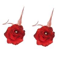 Spaanse of Hawaii thema haarbloem - 2x - rood - met speld/elastiek - verkleden - kunststof Spaanse of Hawaii thema haarbloem - 2x - rood - met speld/elastiek - verkleden - kunststof