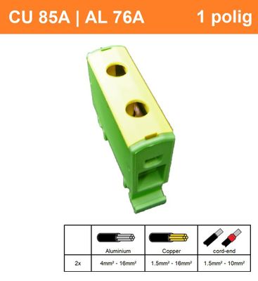 SEP CK60 geel/groen 1,5-16mm2 aansluitklem DIN rail of bodemmontage