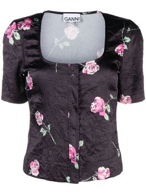 GANNI blouse fleurie à effet froissé - Noir