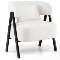 Leesstoel Fauteuil Bekleed met Kunstbont Loungestoel met Lendenkussen en Metalen Poten Moderne Relaxfauteuil-Wit