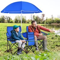 Campingstoel met Parasol Klapstoel voor Koppels Dubbele Visstoel Opvouwbaar met Bekerhouder Koeltas (Diepblauw)