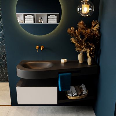 MONDIAZ RIVA 120cm badmeubel onderkast / planchet kleur Linen met 1 lade. Wastafel DULCET links 0 kraangaten kleur Urban. MONDIAZ RIVA 120cm badmeubel onderkast / planchet kleur Linen met 1 lade. Wastafel DULCET links 0 kraangaten kleur Urban.