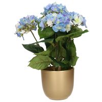 Hortensia kunstplant met bloemen blauw - in pot goud - 40 cm hoog