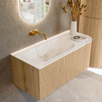 Badmeubel Mondiaz Kurve-Dlux | 105 cm | Meubelkleur Oak | Wastafelkleur Frappe | Solid surface | Links spoelbak | Zonder kraangat(en)