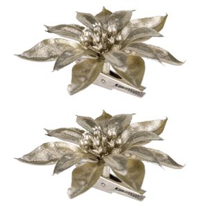 2x stuks decoratie bloemen kerstster champagne glitter op clip 9 cm