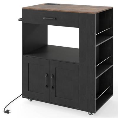 Rolbaar Keukeneiland Mobiele Keukenwagen met Vergrendelbare Wielen Geïntegreerd Oplaadstation aan Beide Zijden Open Vak Wit/Zwart