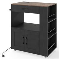 Rolbaar Keukeneiland Mobiele Keukenwagen met Vergrendelbare Wielen Geïntegreerd Oplaadstation aan Beide Zijden Open Vak Wit/Zwart