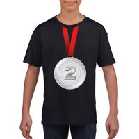 Zilveren medaille kampioen shirt zwart jongens en meisjes - thumbnail