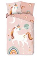 Good Morning Kinderdekbedovertrek "eenhoorn, planeten en regenboog" - Roze - (135x200 cm) - Katoen Flanel