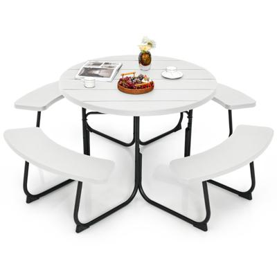 Zitgarnituur voor 8 Personen Picknicktafel met Parasolgat en 4 Banken Ronde Tuintafel Tuinmeubelen Zitgroep voor Tuin Terras-Wit