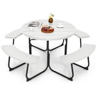 Zitgarnituur voor 8 Personen Picknicktafel met Parasolgat en 4 Banken Ronde Tuintafel Tuinmeubelen Zitgroep voor Tuin Terras-Wit
