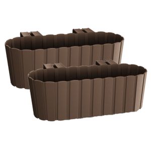 Set van 2x stuks kunststof rechthoekige balkon plantenbakken/bloembakken met haken bruin 38 cm