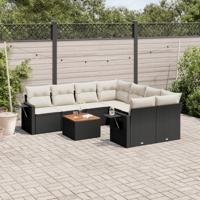 9-delige Loungeset met kussens poly rattan zwart