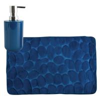 MSV badkamer droogloop mat/tapijt Kiezel - 50 x 80 cm - zelfde kleur zeeppompje - donkerblauw