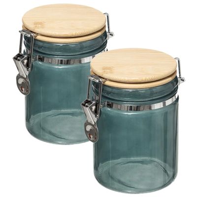 2x stuks voorraadbussen/voorraadpotten 0,75L glas petrol blauw met bamboe deksel en beugelsluiting