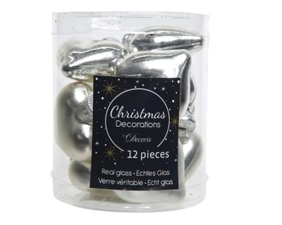 12 Glazen hartjes 40 mm zilver - Decoris