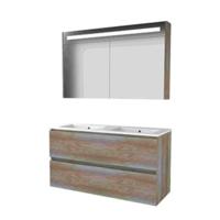 Basic-Line Premium 46 Badkamermeubelset - 120 x 46 cm - Greeploos - 2 Lades - Keramische Wastafel - 2 Kraangaten - Spiegelkast met LED Verlichting - Scotch Oak