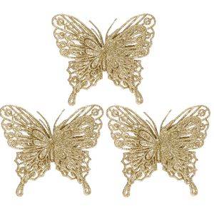 Cosy &amp; Trendy Kersthangers op clip - 3ST - vlinders - goud - glitter - 11 cm   -