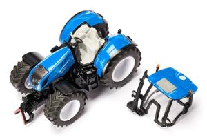 Siku New Holland T7.315 HD speelgoedtractor 1:32 metaal/kunststof blauw incl. frontgewicht motorkap kan worden geopend met trekhaak