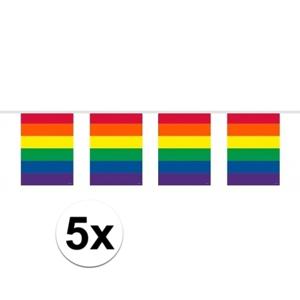Regenboog vlaggenlijn - 5x - 10 meter - plastic - vierkante vlaggetjes - Gay pride versiering