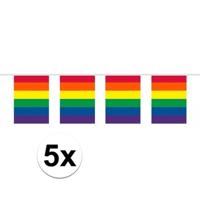 Regenboog vlaggenlijn - 5x - 10 meter - plastic - vierkante vlaggetjes - Gay pride versiering