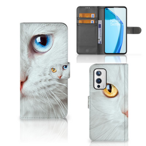 OnePlus 9 Telefoonhoesje met Pasjes Witte Kat