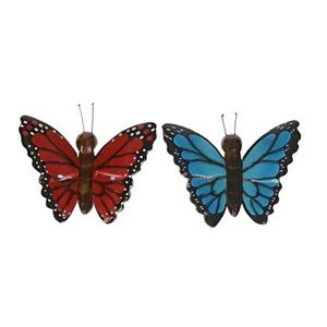2x Houten magneten vlinders rood en blauw   -